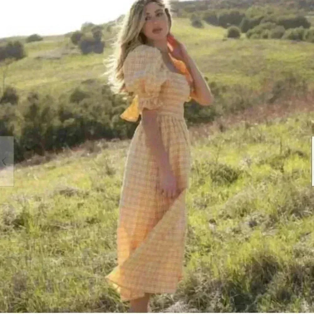 Anthropology Rahi Plaid Yellow/orange Prairie Puff Sleeve Ruffle Tie Back Size S